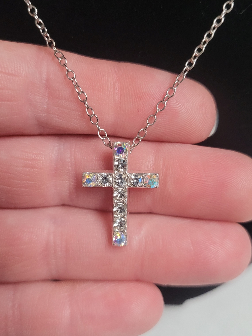 Silver Crystal Cross Necklace - Sparkling Clear & Aurora Stones
